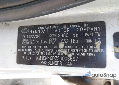 2005 Hyundai Elantra Gls/Gt из США, поврежденный, VIN KMHDN46D75U006667